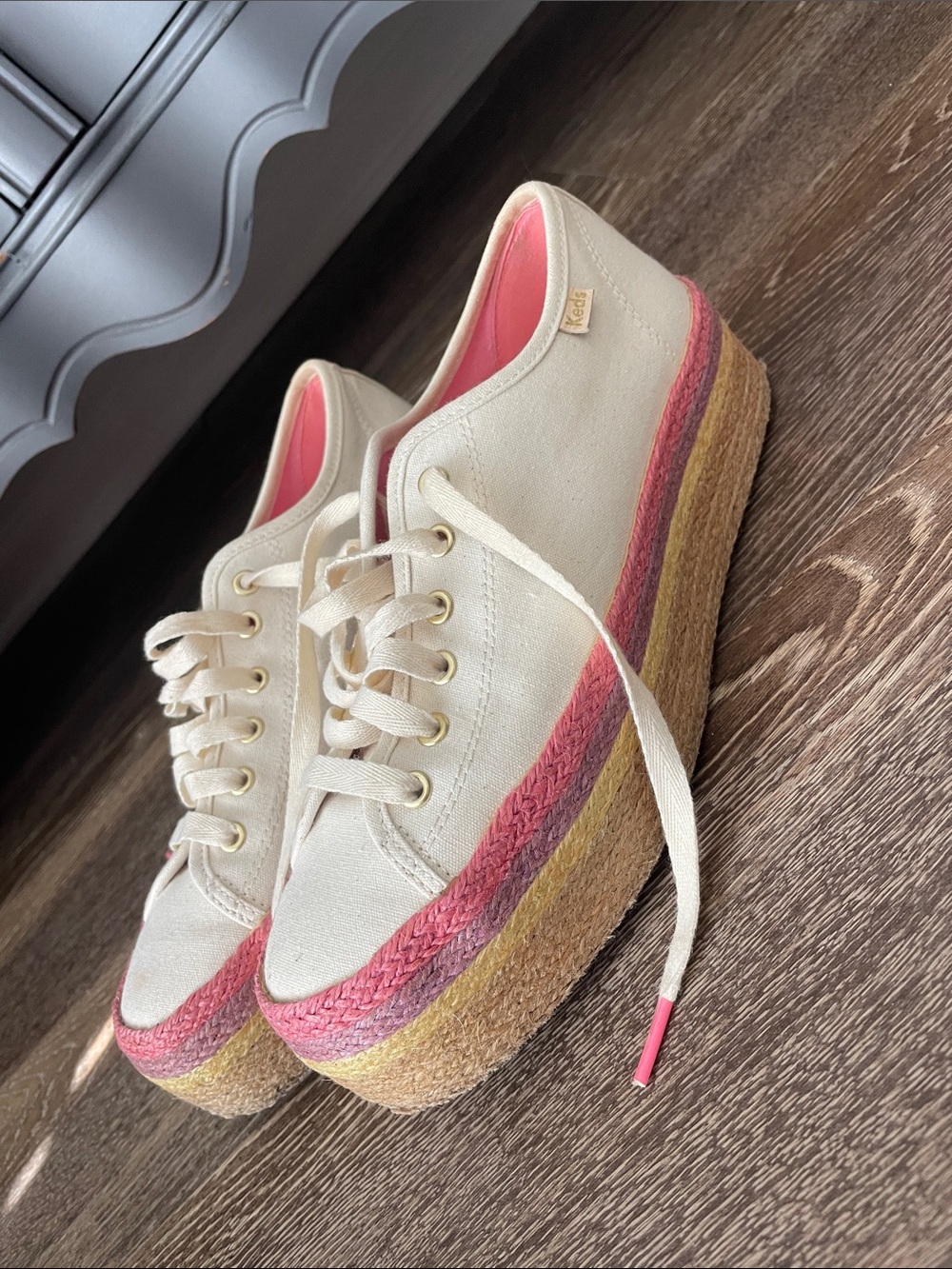 KATE SPADE KEDS Cream Platform Sneakers with Pink and Yellow Trim
